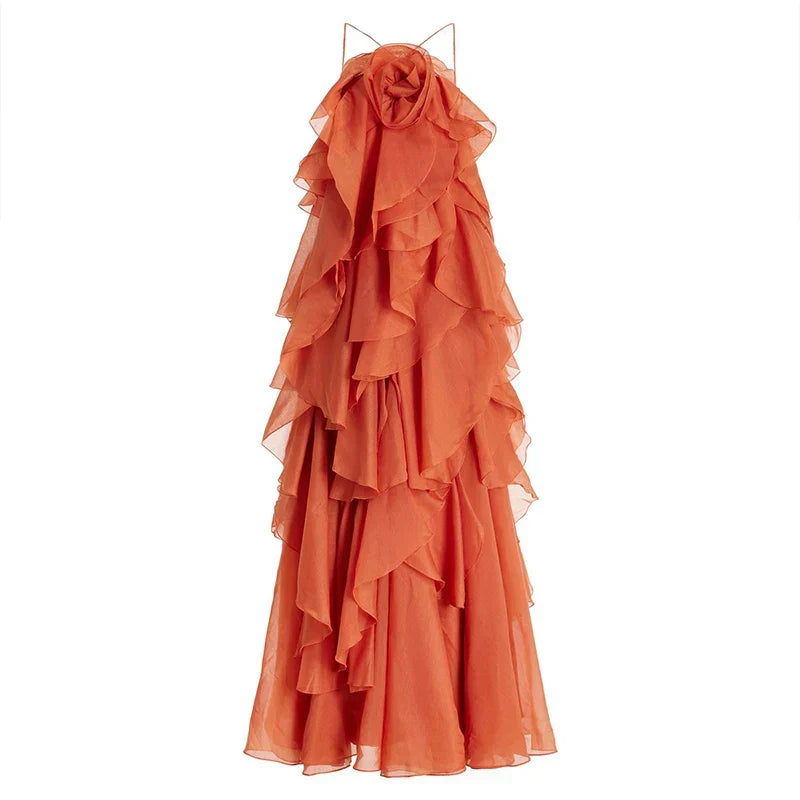 Chic women's floral layered ruffle maxi dress, perfect for an elegant summer look.