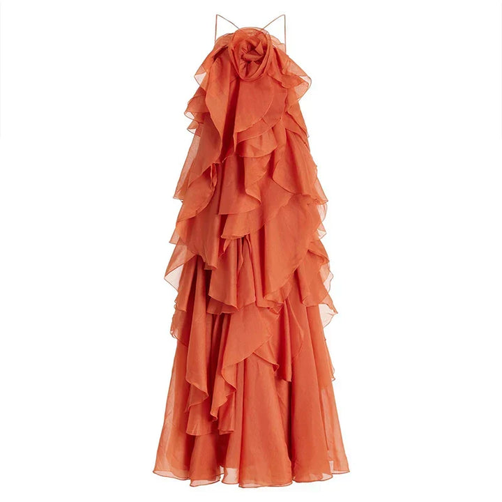 Chic women's floral layered ruffle maxi dress, perfect for an elegant summer look.