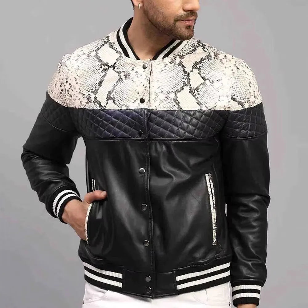 Black men's slim fit stand collar bomber jacket, stylish winter outerwear, perfect for a modern casual look.
