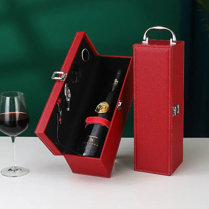 Closed elegant wine carrier case, showcasing its durable synthetic leather exterior.