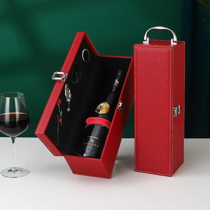 Closed elegant wine carrier case, showcasing its durable synthetic leather exterior.