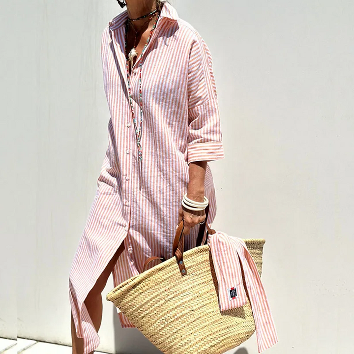 Elegant women's long sleeve striped shirt dress. Perfect for chic casual fashion and everyday versatile styling.
