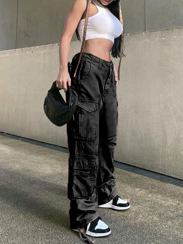 Versatile women's wide leg cargo trousers, casual everyday pants with practical utility pockets.