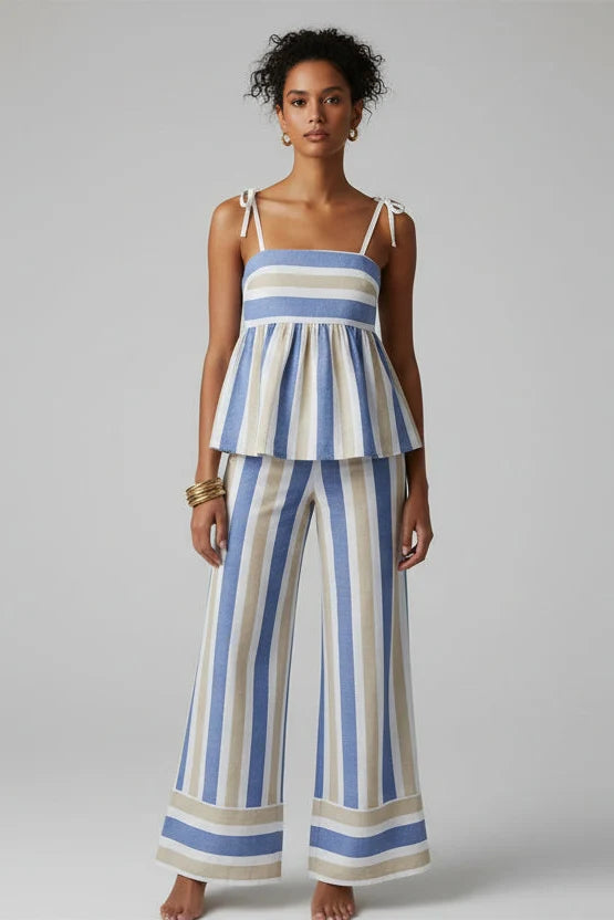 Elegant blue printed women's trouser set, perfect for summer vacation or casual chic outings. Two-piece, comfortable & breathable.