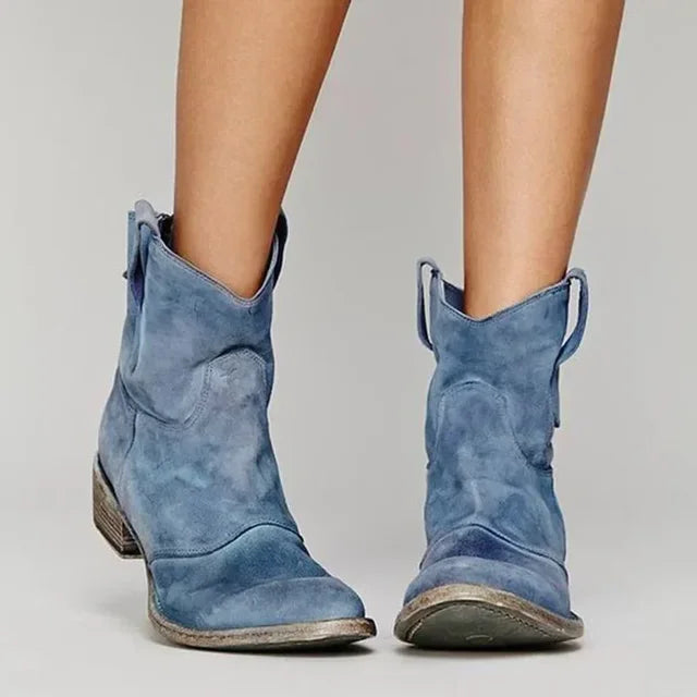 Emily women's low-heel Western ankle boots, vintage cowboy boot style, comfortable slip-on for winter footwear.