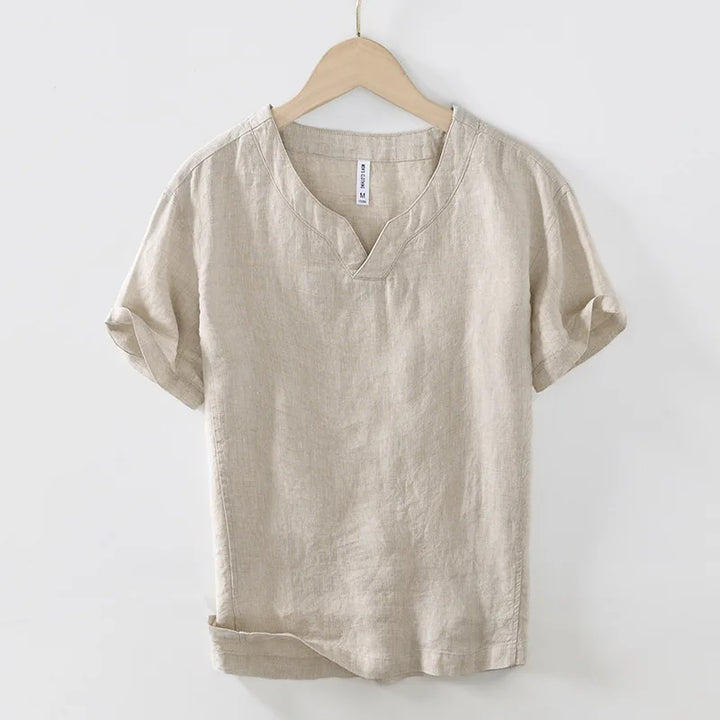 Men's short sleeve relaxed V-neck Henley top, a versatile casual summer t-shirt for daily wear.