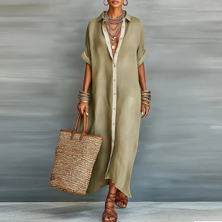 Women's elegant button-down long shirt dress, perfect for casual or dressed-up summer style.