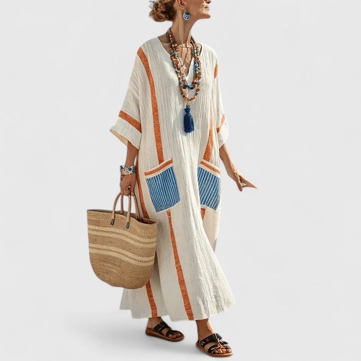 Elegant women's bohemian maxi dress, a long flowy summer V-neck dress for holiday outfits.