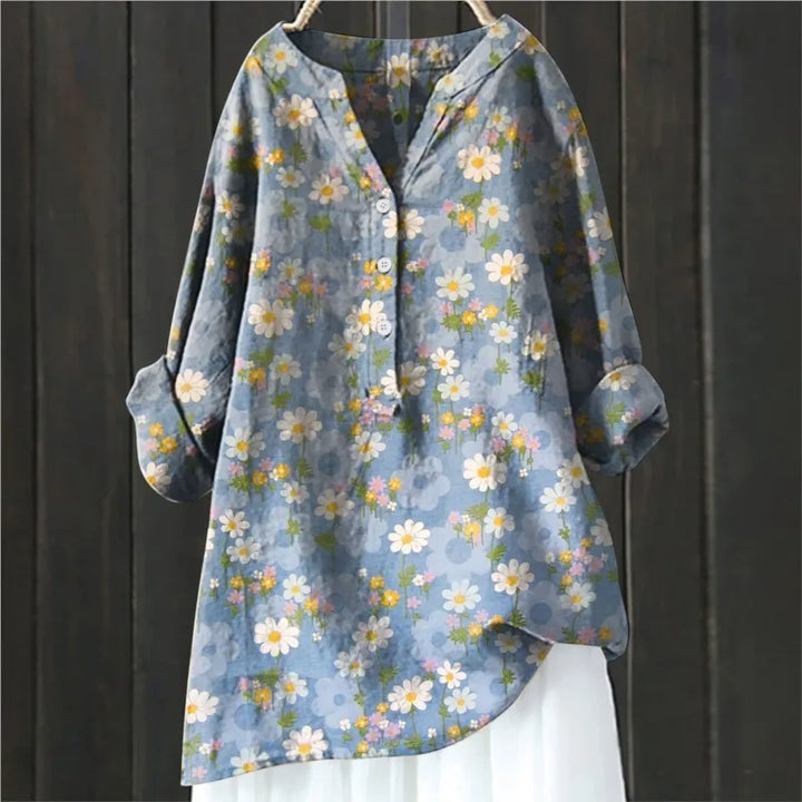 Stylish women's floral print casual top, an effortless V-neck design for elegant daily wear.
