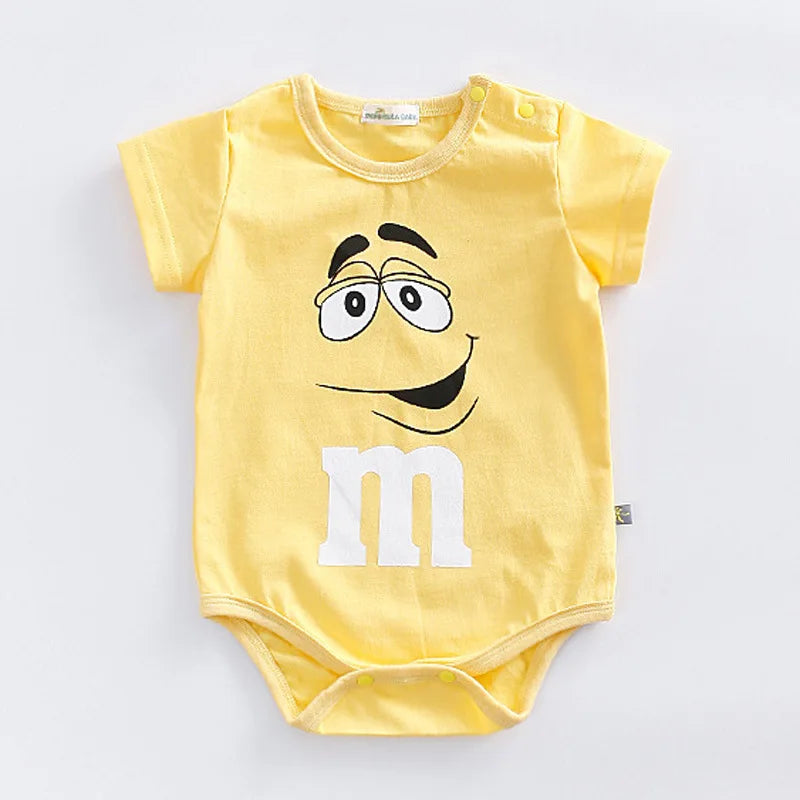 Unisex infant jumpsuit with vibrant sweet treat faces, short sleeve, easy change design for playful babies.
