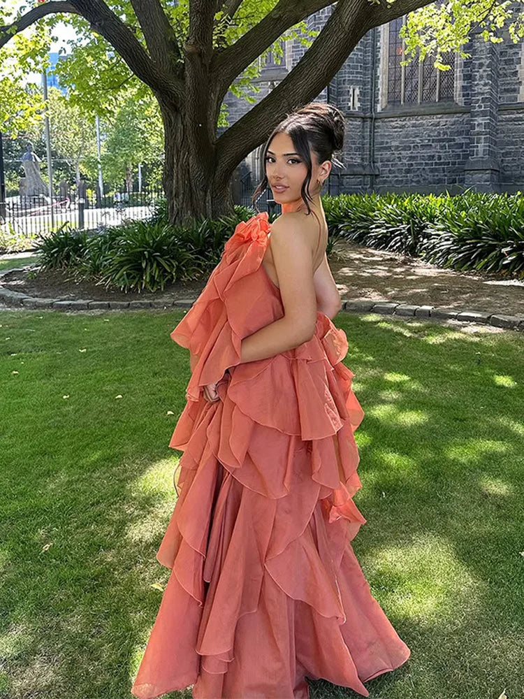 Feminine layered floral maxi dress with ruffles, ideal for comfortable summer fashion.