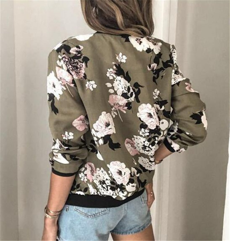 Stylish women's lightweight floral bomber jacket with a practical zip-front, perfect for everyday trendy wear.
