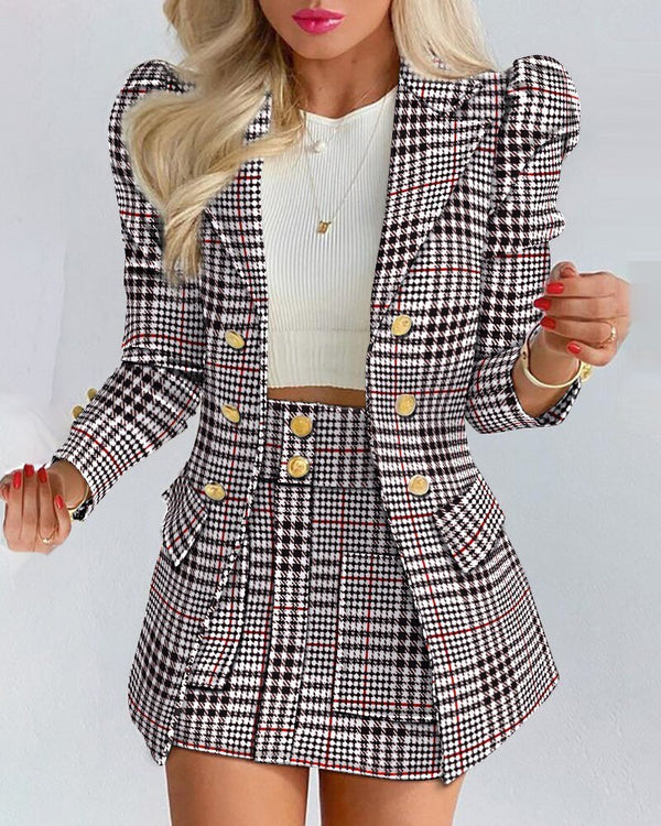 Full shot of a polished women's elegant blazer and skirt two-piece set, showcasing modern design.