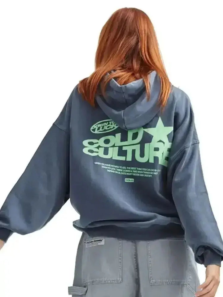 Unisex oversized graphic streetwear hoodie. Comfortable long-sleeve sweatshirt with bold urban design, relaxed fit.