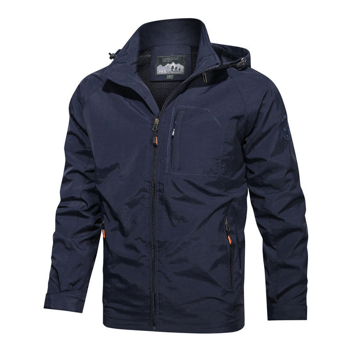 Comfortable men's lightweight hooded outerwear, versatile for outdoor activities, spring, and fall layering.
