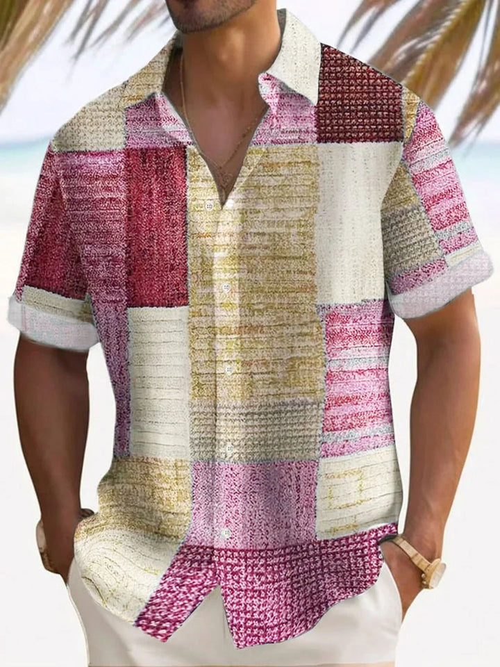 Retro men's vintage patchwork summer shirt, relaxed fit, short sleeve. Vibrant casual beach wear.
