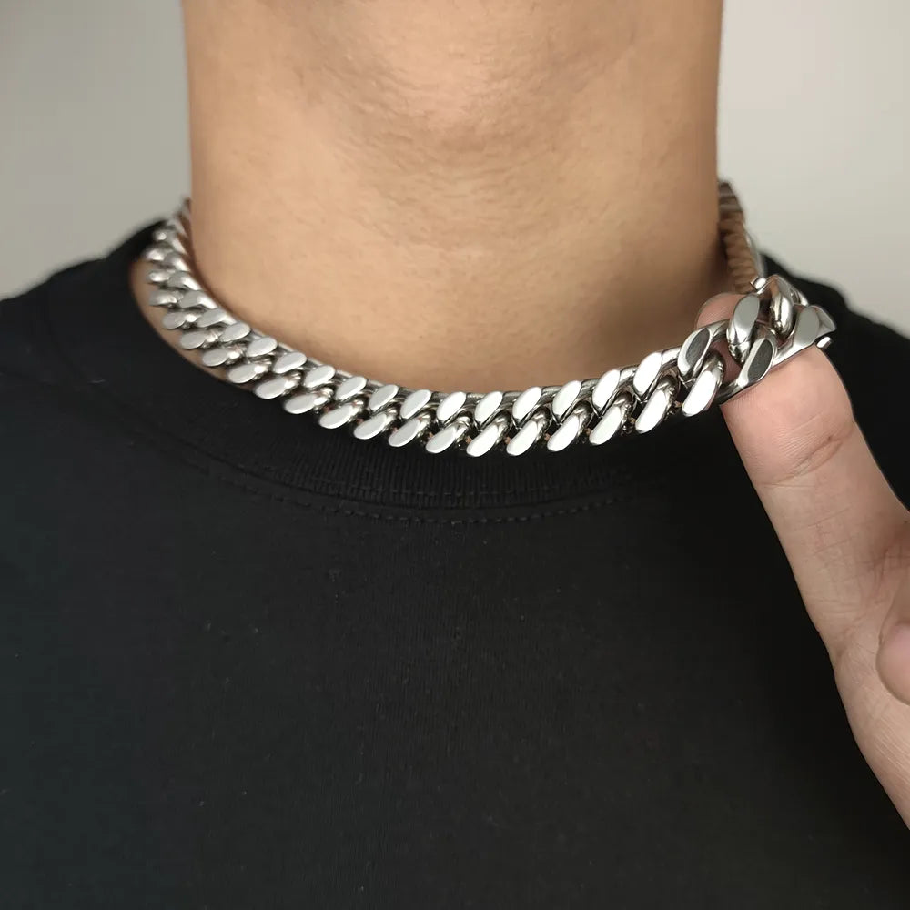 Premium men's Cuban link chain, gold or silver plated for a luxurious and durable jewelry look.