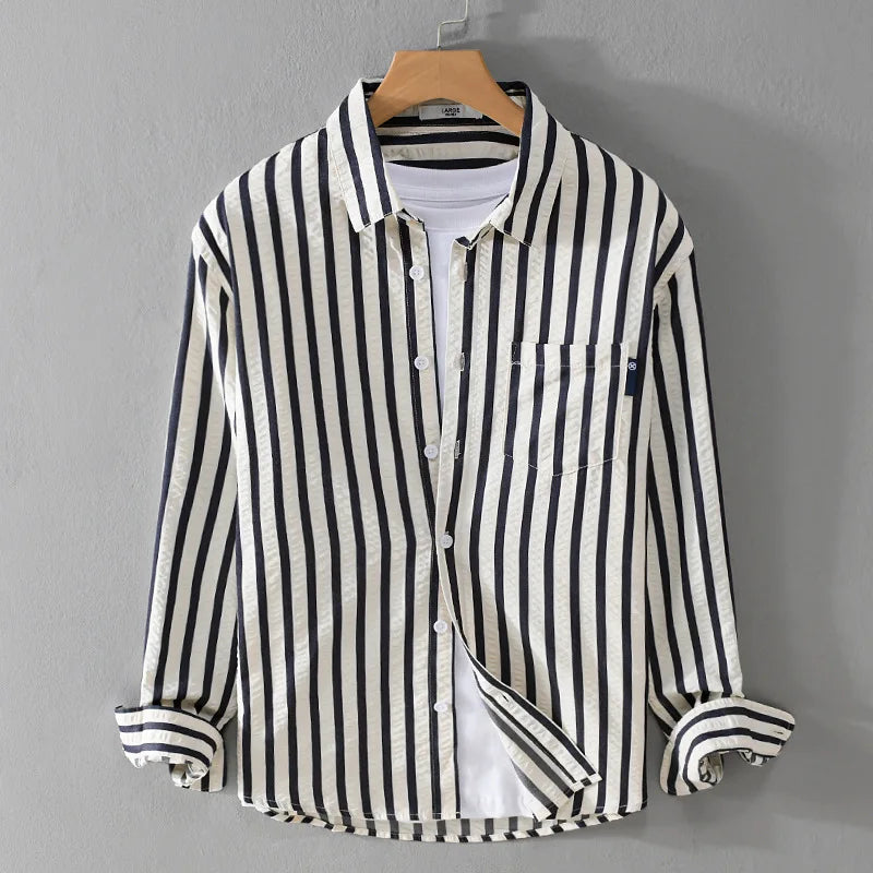 Versatile men's striped long sleeve shirt, button-front design for a smart casual look or workwear fashion.