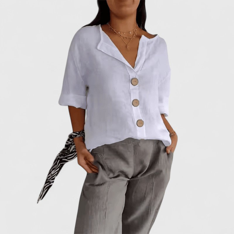 Comfortable women's elegant V-neck button-front blouse, lightweight & perfect for spring/summer fashion.