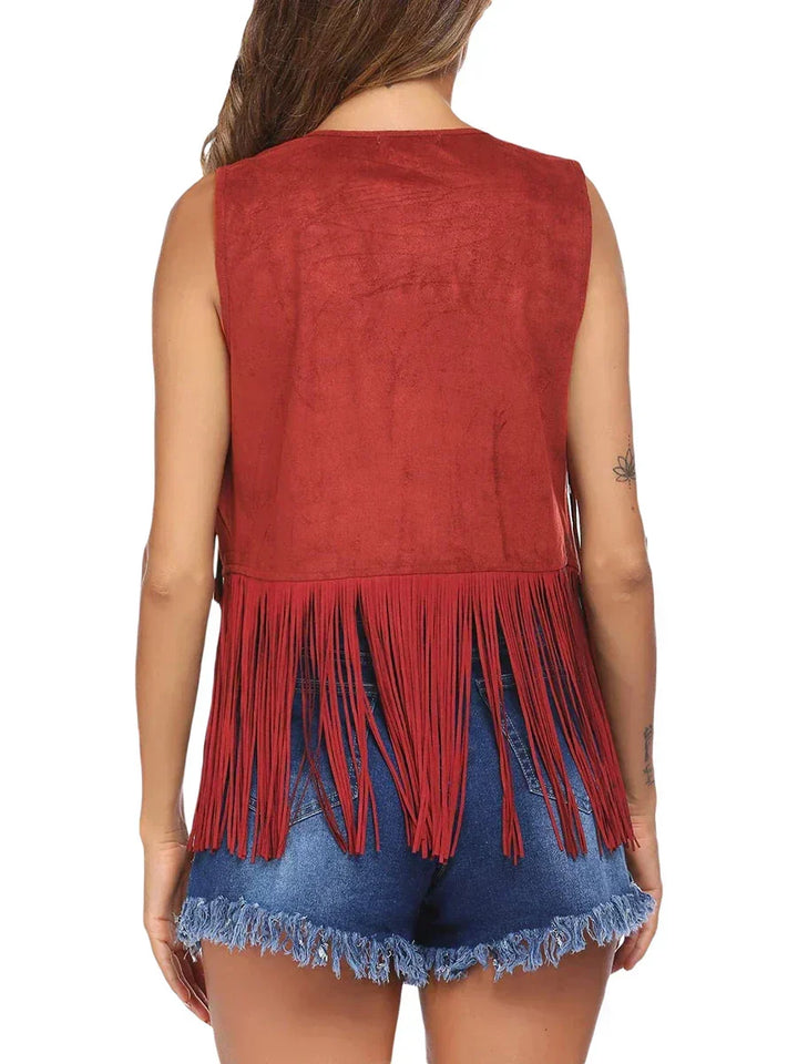 Women's bohemian studded vest, sleeveless, open front, with chic fringe accents.