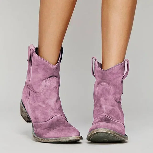 Fashionable Emily vintage Western ankle boots for women, featuring a comfortable low heel and chic design.