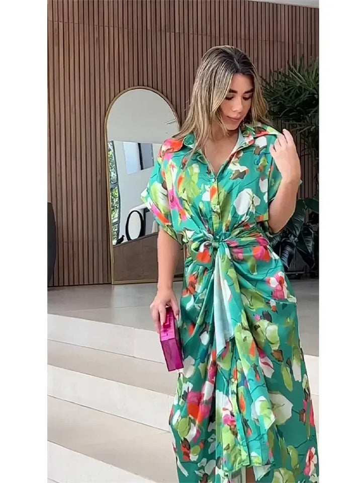 Versatile women's elegant green floral button-down maxi dress. Ideal for office, casual, or special occasions.