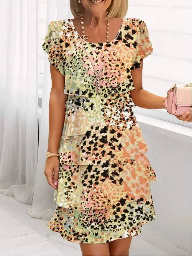 Elegant women's ruffle comfort midi dress with split sleeves. Flowy A-line for versatile, chic everyday wear & timeless style.