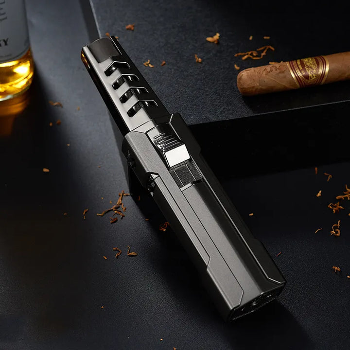 Compact outdoor jet lighter featuring a robust, windproof flame. Essential tool for emergencies & adventure.