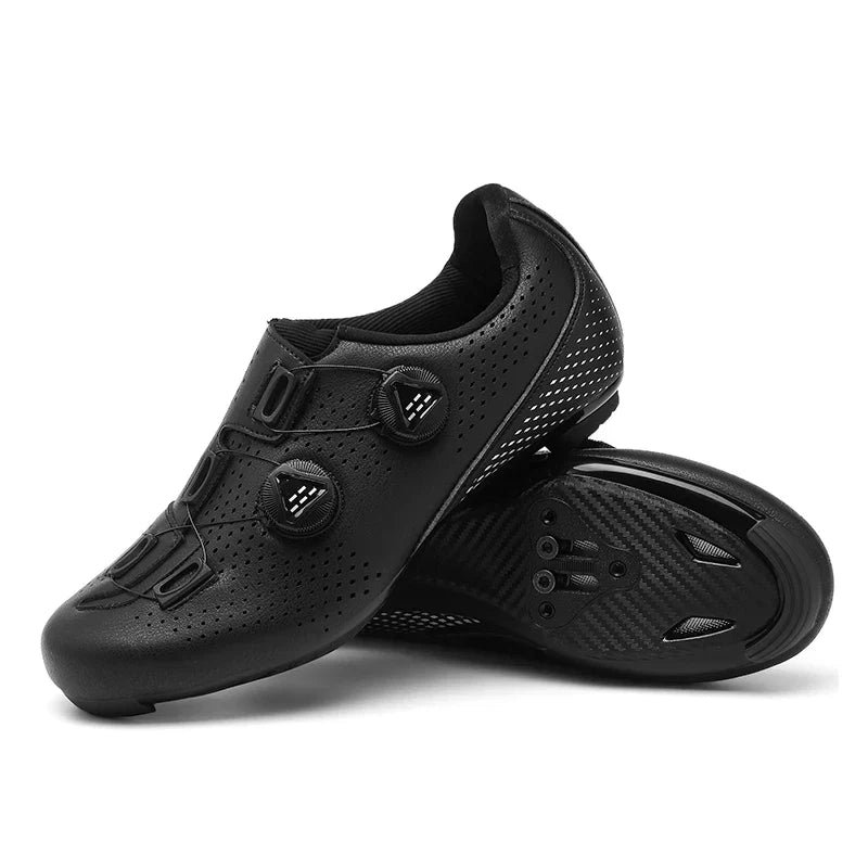 Stylish black unisex MTB cycling shoes with red accents, designed for performance road biking & comfortable rides.