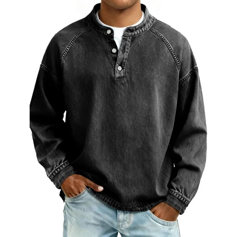 Classic men's button-front long sleeve shirt with vintage appeal, ideal for versatile men's casual fashion.