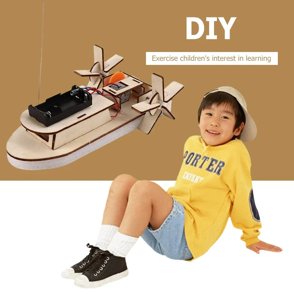 Fully assembled wooden electric toy boat, crafted from an educational DIY building kit for kids.