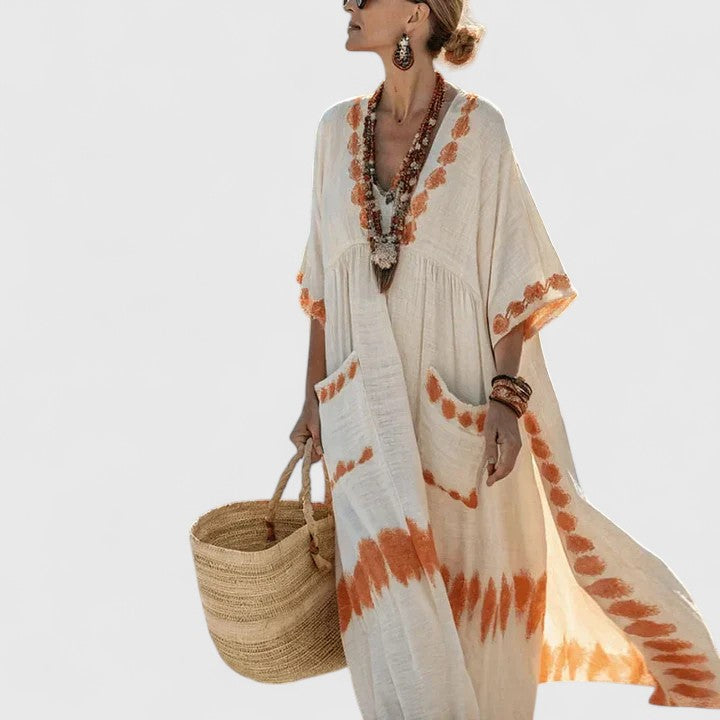 Summer bohemian maxi dress, a stylish V-neck long dress for women's beach or casual outfits.