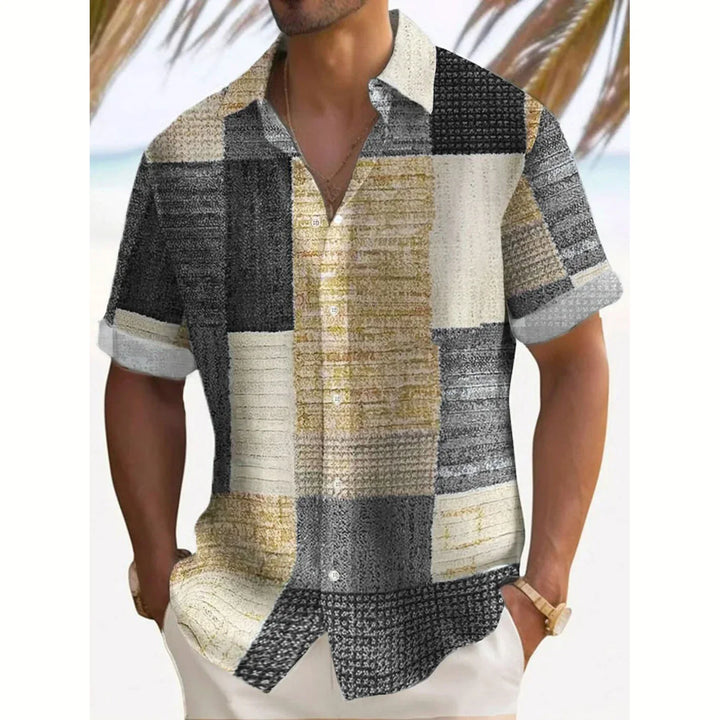 Relaxed fit men's vintage patchwork summer shirt, short sleeve button-up. Great for casual beach days.
