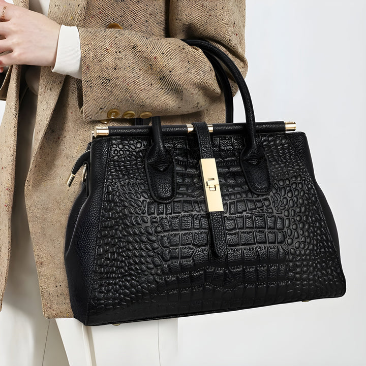 Luxury women's top handle handbag in genuine leather, alligator embossed, perfect for work or everyday.