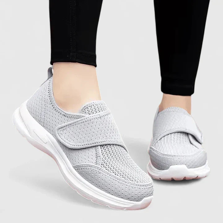 Comfortable wide fit women's orthopaedic shoes, beige, ideal for foot relief & all-day support during walks.