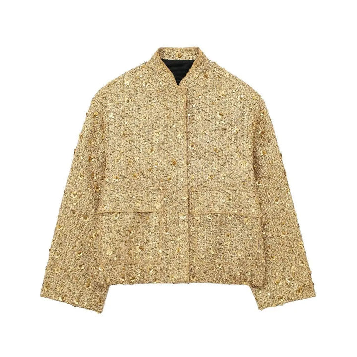 Statement women's metallic jacket with a sleek tailored fit, perfect lightweight mid-season outerwear for elegance.