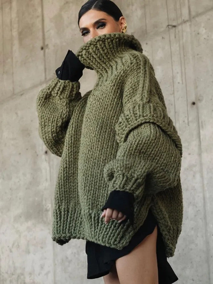 Women's oversized turtleneck sweater mini dress, a chic and cozy long sleeve knit for fall/winter fashion.