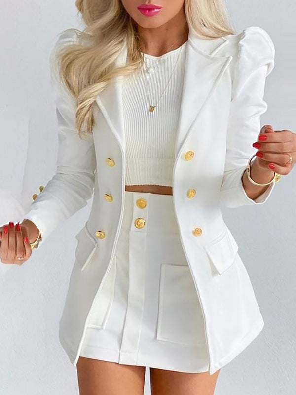 Smartly accessorized women's elegant blazer & skirt set, a sophisticated two-piece for adaptable styling.