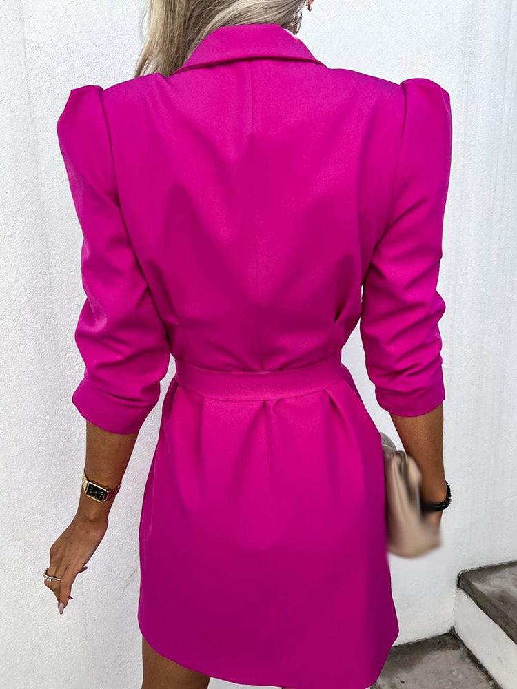 Formal women's double-breasted blazer dress, tailored with a cinching belt, sophisticated for any elegant occasion.