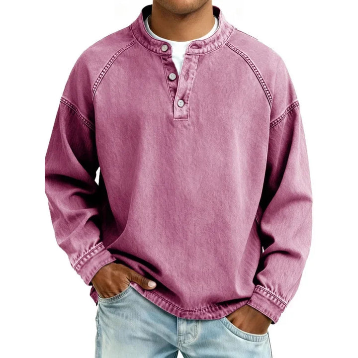 Detailed view of a men's vintage long sleeve button shirt, highlighting its classic design & versatile appeal.
