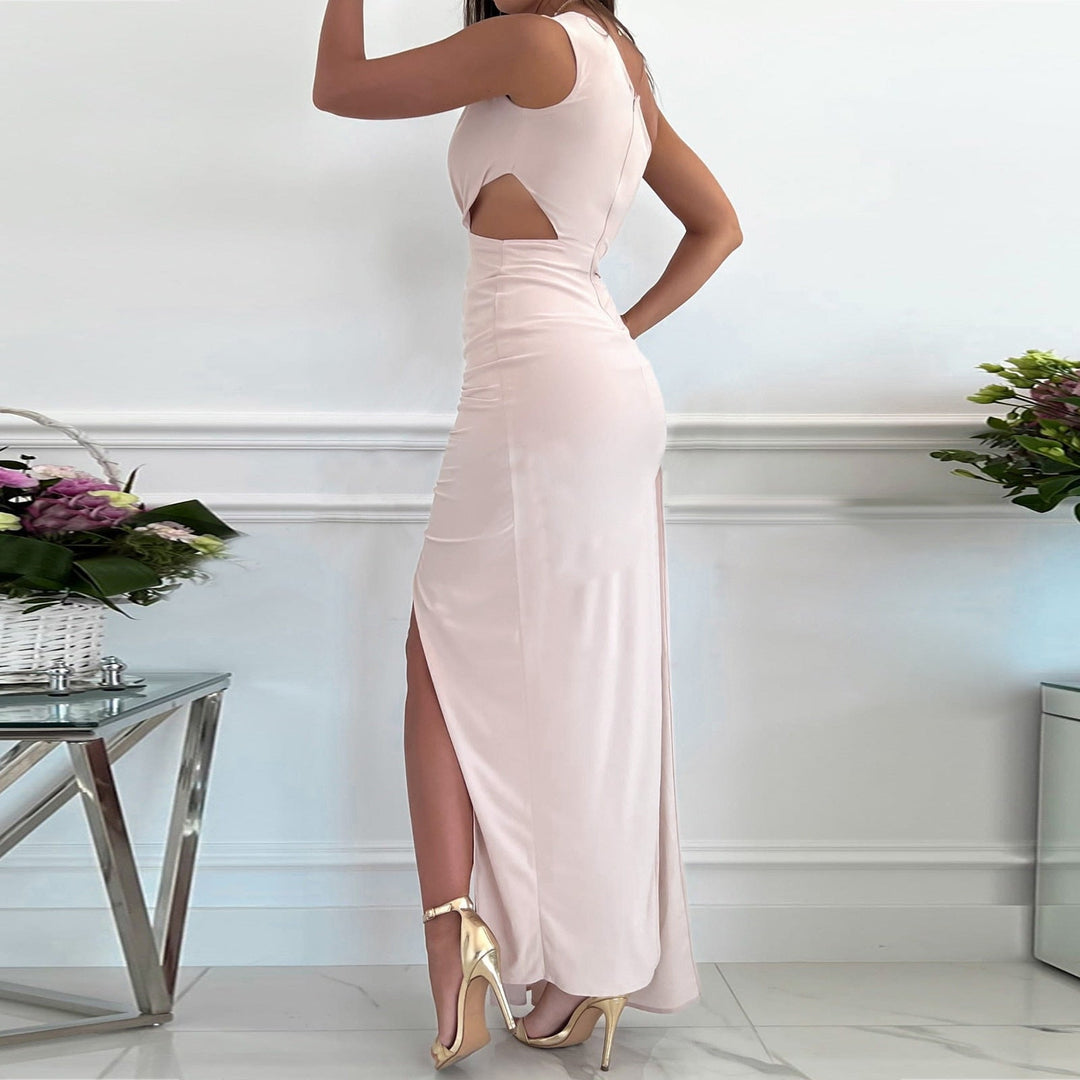 Chic one-shoulder maxi party dress for women. Draped waist and split hem create a stunning silhouette for special occasions.