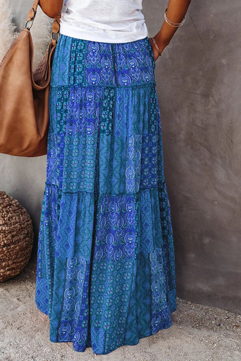 Casual chic high-waisted floral maxi skirt for women, perfect A-line shape.
