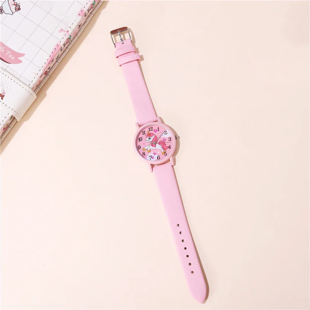 Cute cartoon unicorn watch for girls, featuring a magical design and durable PU leather strap.