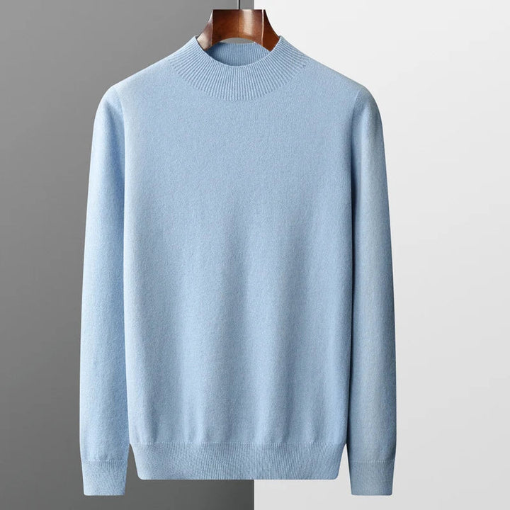 Cozy men's long sleeve mock neck sweater, essential for cold weather comfort.