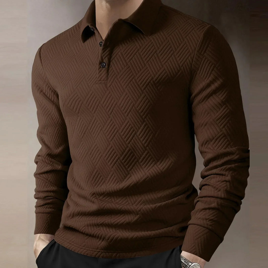 Refined men's long sleeve polo, featuring a cozy textured knit and smart casual appeal.