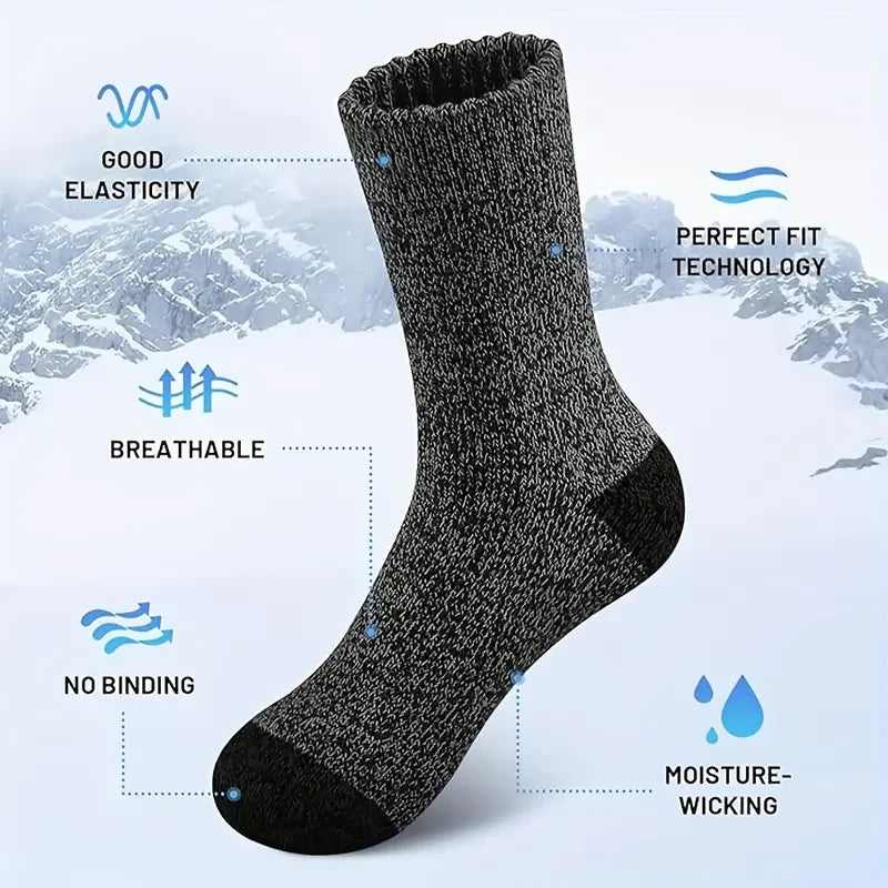 Close-up of extra thick Merino wool socks, providing unisex warmth and insulation. Breathable for comfort.