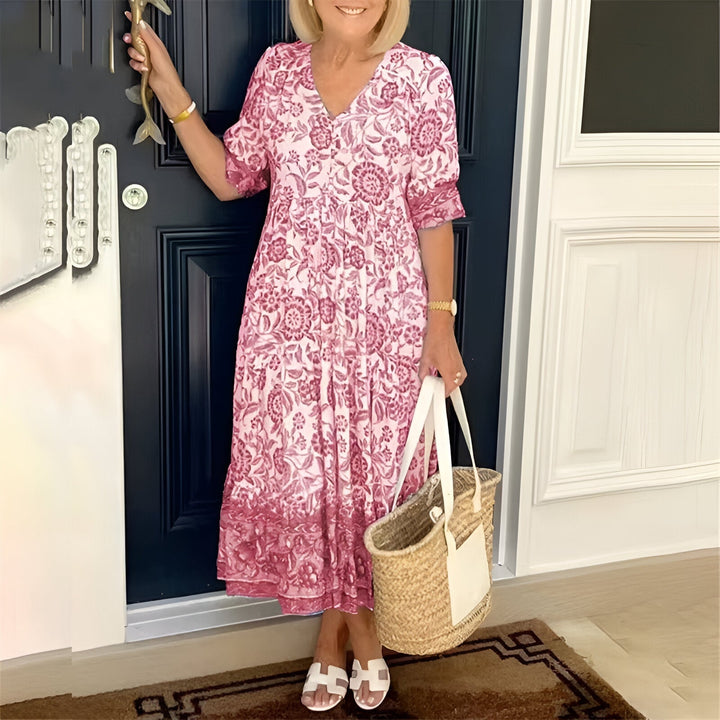 Boho chic V-neck maxi dress, a perfect summer dress for vacation wear, casual outings, or elegant evening events.