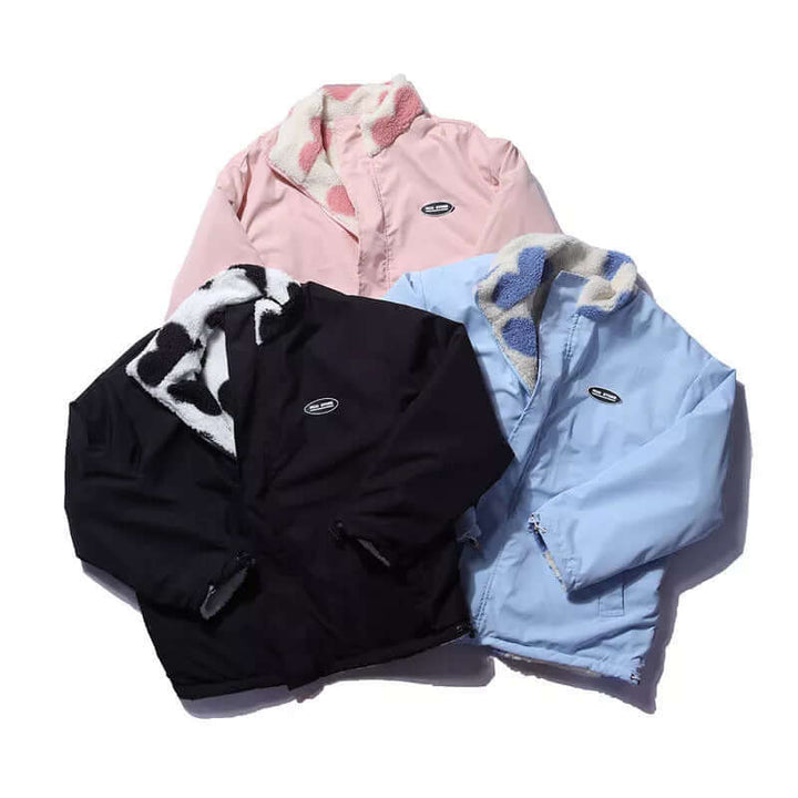 Reversible Heart-Print Coat with Plush Fleece