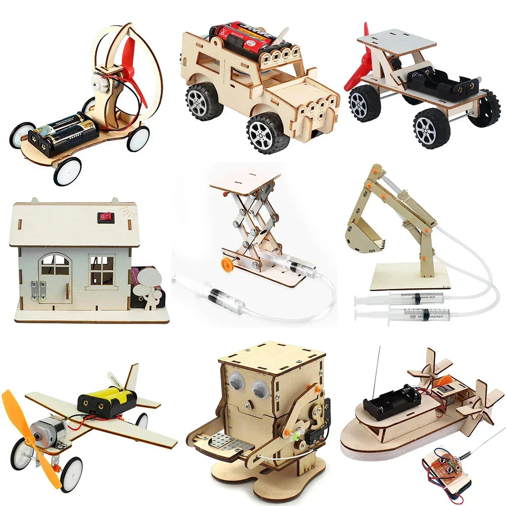 Natural wooden DIY electric toy boat kit for kids' educational science project & building.
