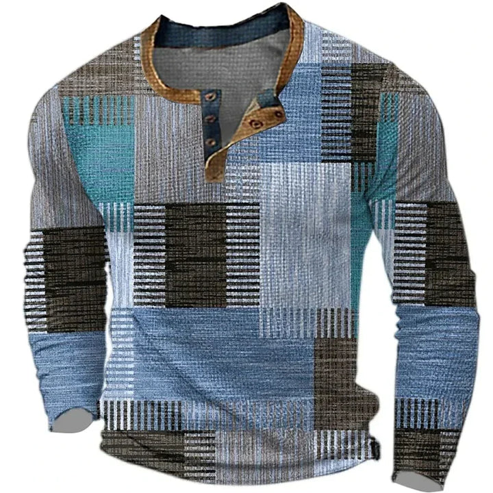 Stylish men's colorful long sleeve shirt. Patchwork design for effortless comfort. Perfect casual button-down.